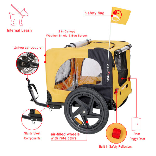 Yellow Outdoor Heavy Duty Foldable Pet Stroller Carrier with Bicycle Tow - Image 2